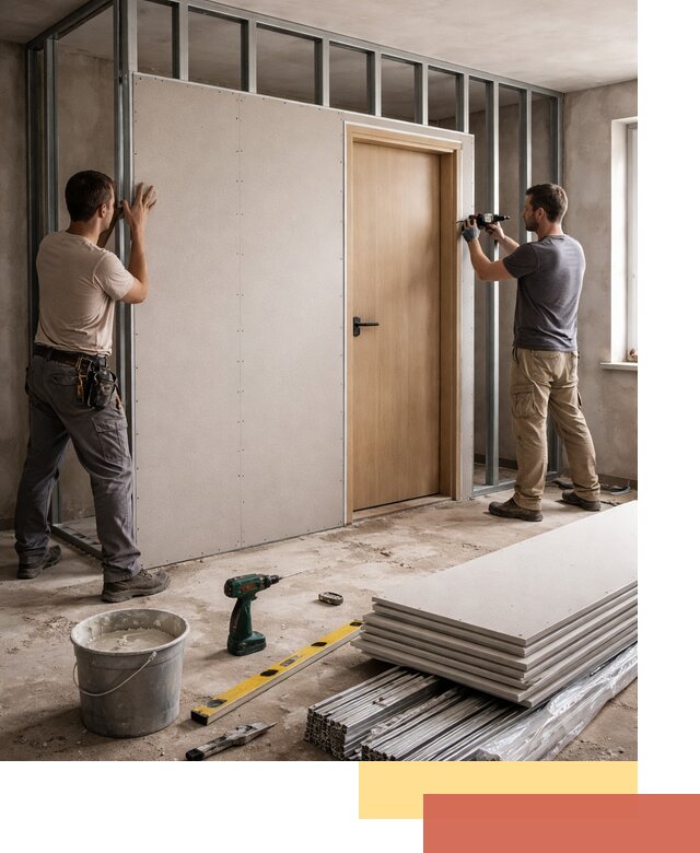 Перегородка из гипсокартона с дверью под ключ в Воркуте