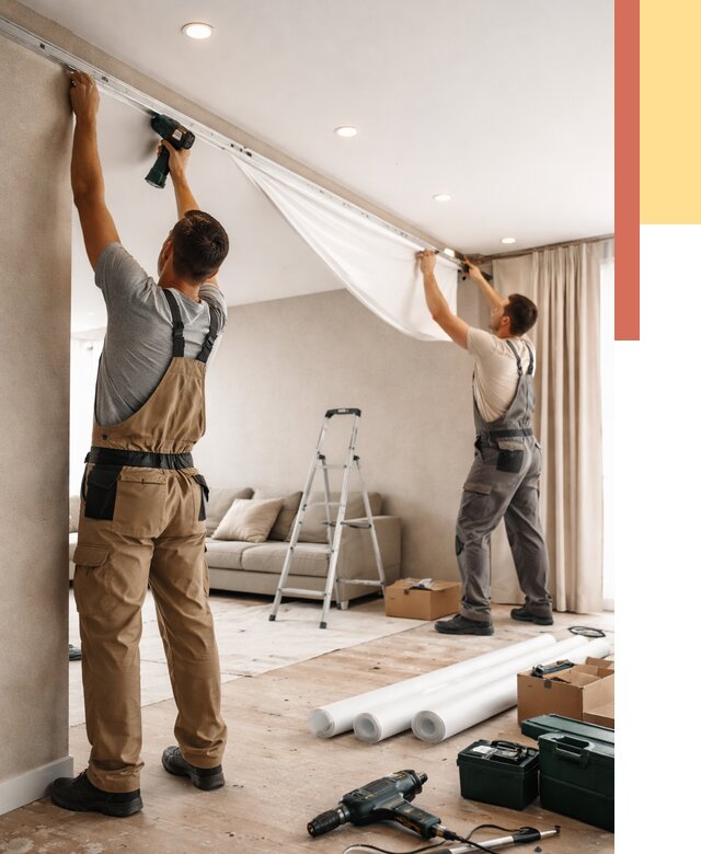 Монтаж натяжного потолка в гостиной в Воркуте от 565 руб. | ОТДЕЛОЧНИК-Врк