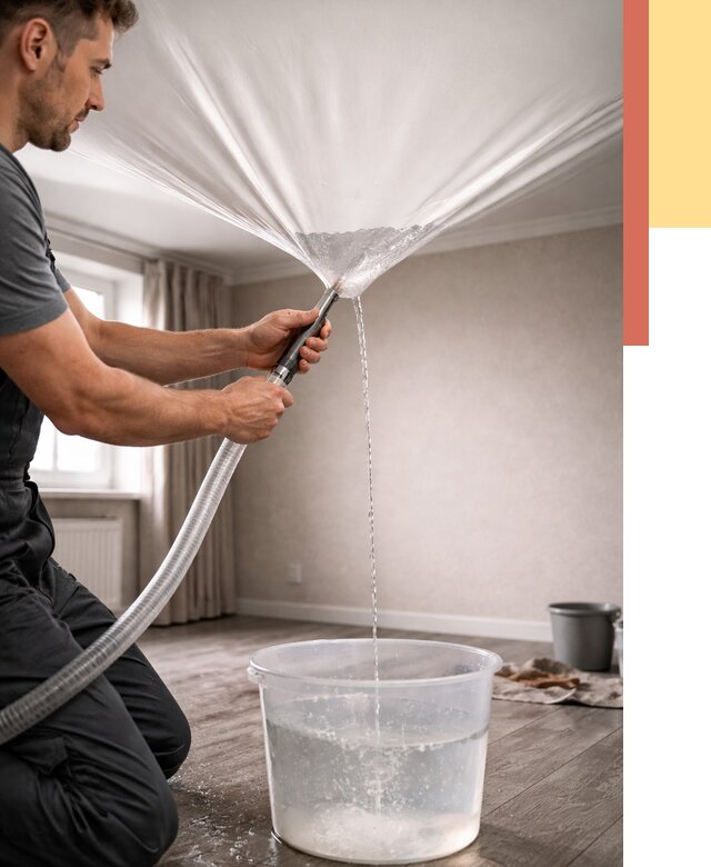 Слив воды с натяжного потолка в Воркуте от 2570 руб. быстро и недорого | ОТДЕЛОЧНИК-Врк